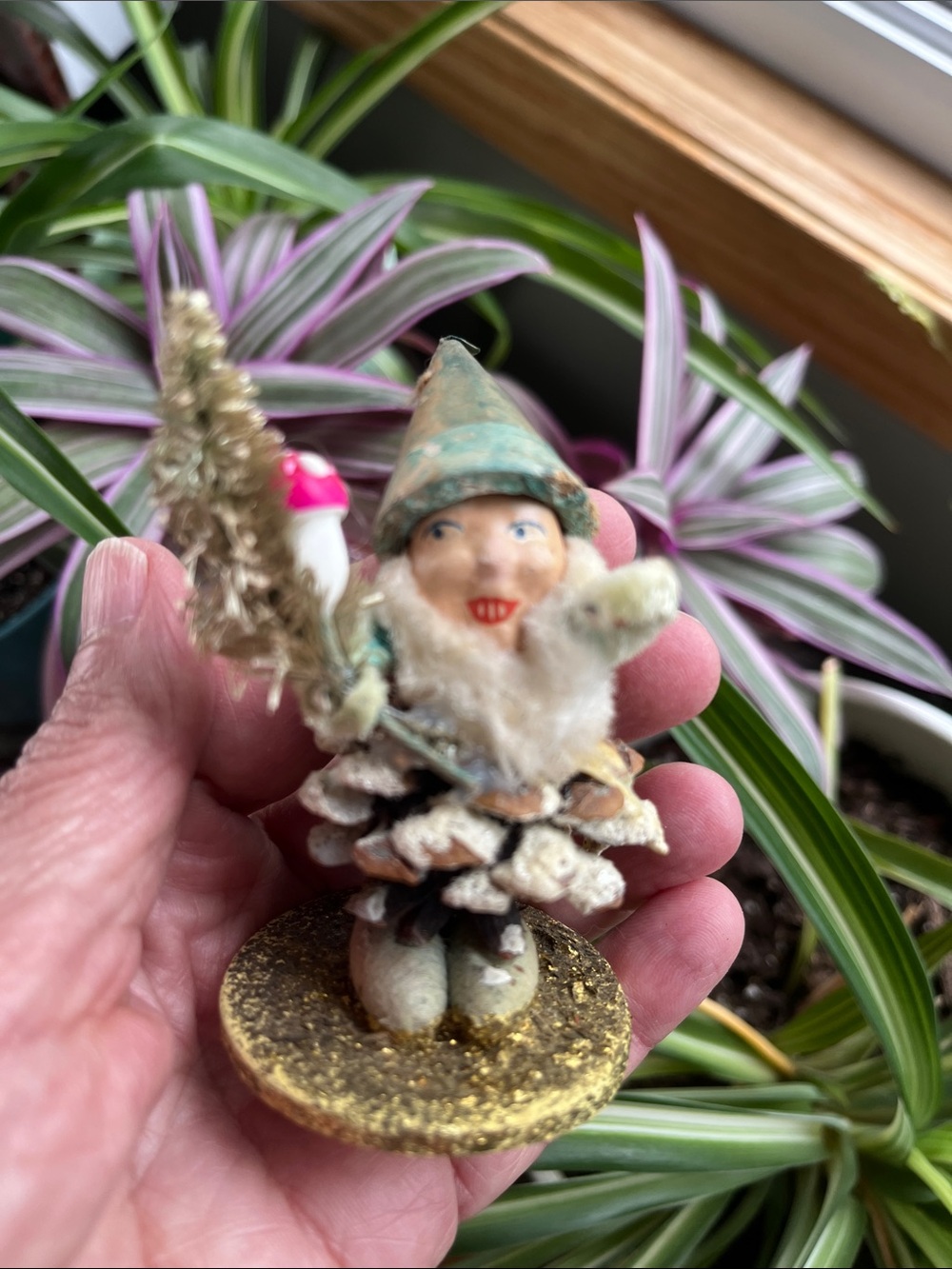 Vtg Pinecone Putz Elf Dwarf Gnome Holding Tree W/Mushroom Japan Christmas Decor